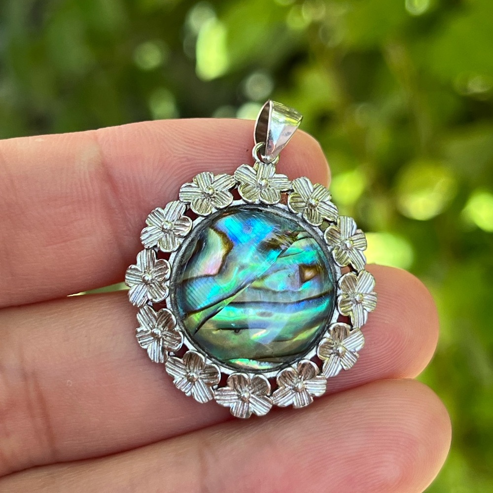 Sterling silver flashy round floral abalone shell pendant 1254 - Picture 7 of 7